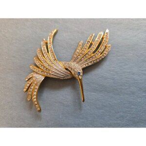 Vintage Large Rhinestone Hummingbird Brooch Gold Silver Two Tone Pin